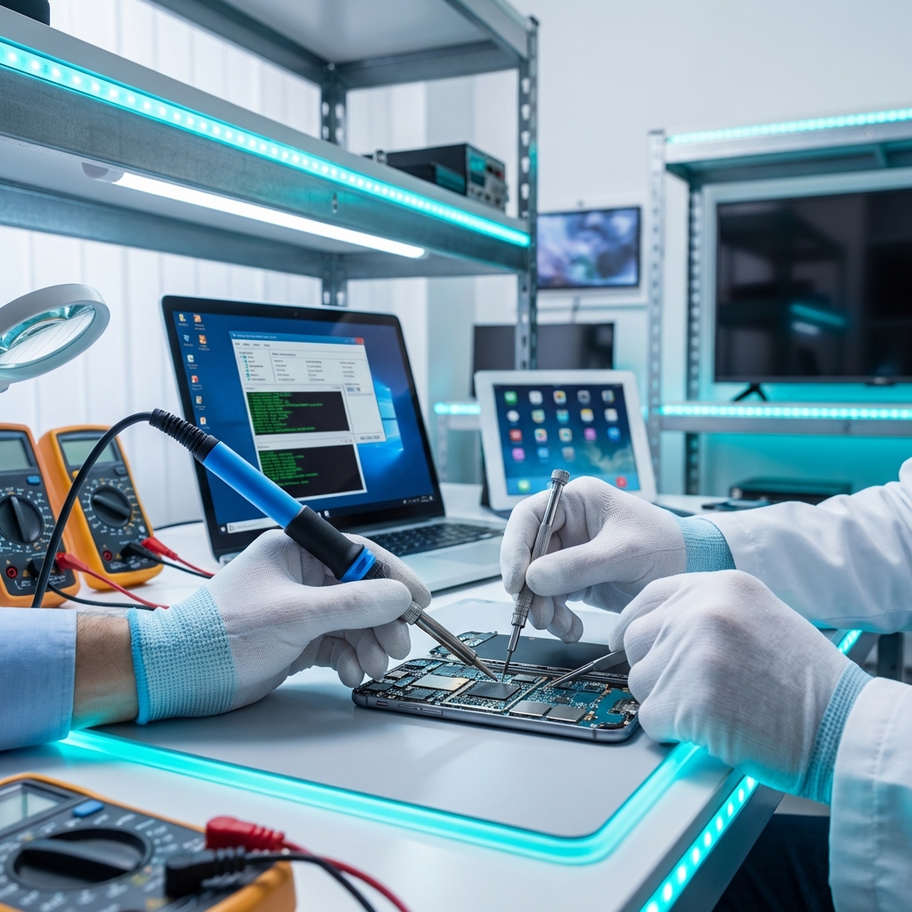 Técnico consertando eletrônicos